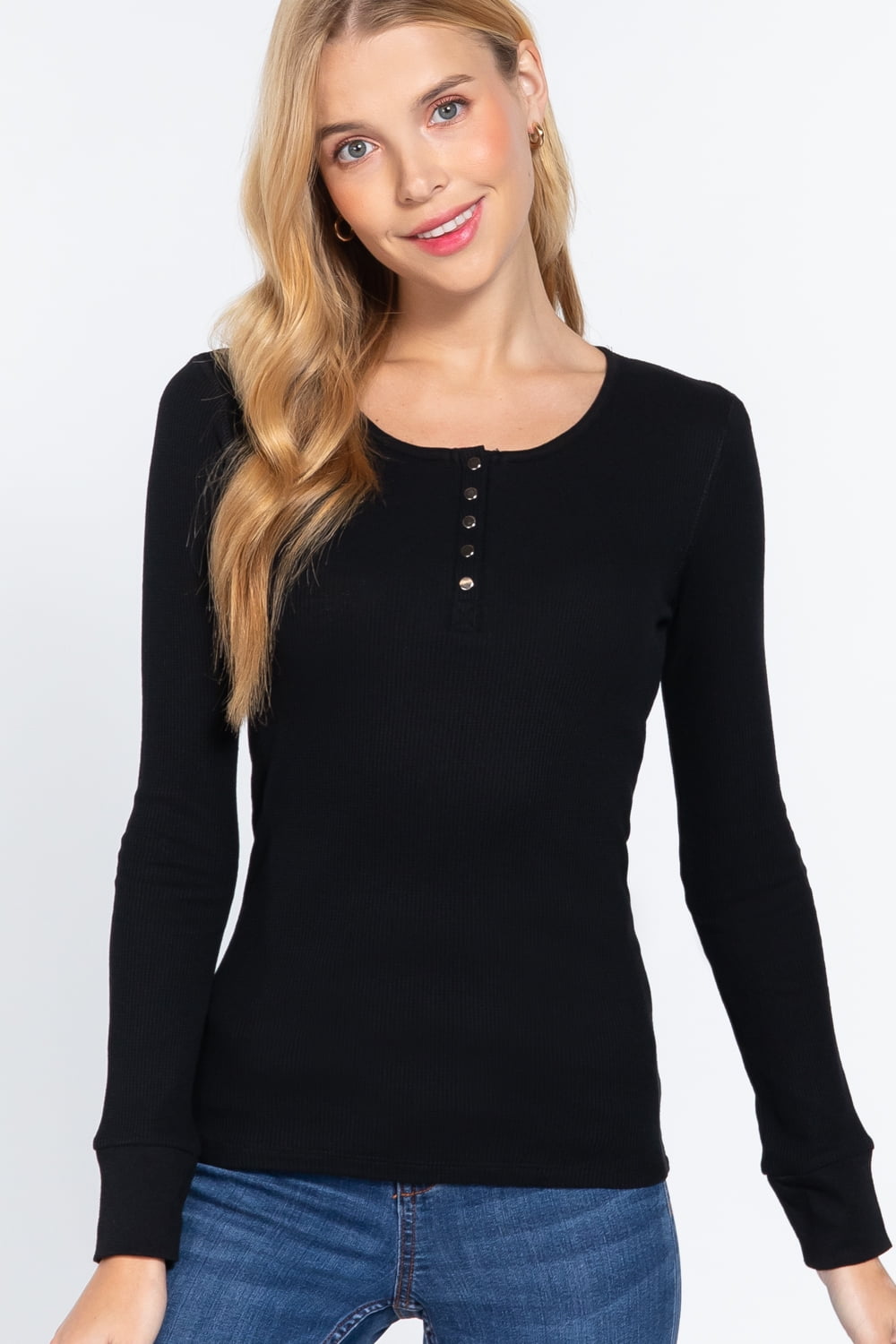 Women's Basic Henley Thermal Long Sleeve Knit TShirt w/ Buttons