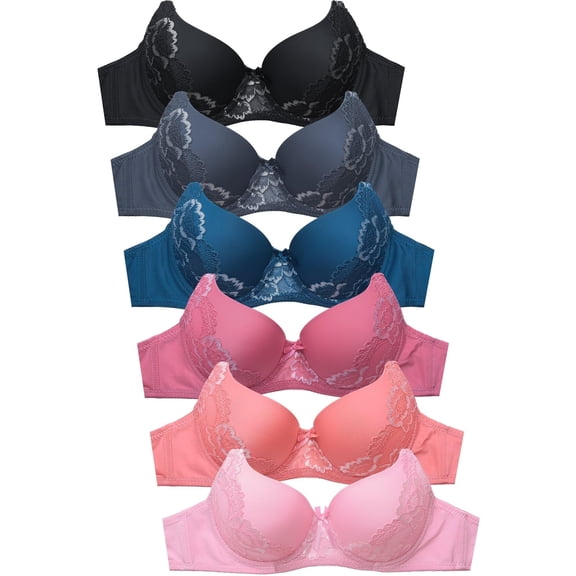 Women's Basic Lace Bras Petite to Plus Size, Pack of 6 - 4433PLDD, 38DD