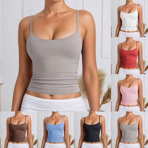 Women's Basic Lined Scoop Neck Tank Tops Adjustable Sleeveless Cami Tank (Grey XL)