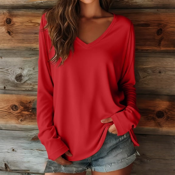 Women's Basic Long Sleeve Cotton T Shirts Solid Color Comfy V Neck Loose Tunic Tee Shirts Tops Red M