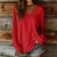 thumbnail image 1 of Women's Basic Long Sleeve Cotton T Shirts Solid Color Comfy V Neck Loose Tunic Tee Shirts Tops Red S, 1 of 3