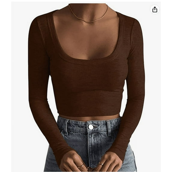 Women\'s Basic Long Sleeve Cropped Top Casual Stretch Sexy Scoop Neck Rib Slim Fit Cropped Streetwear (Black, S)