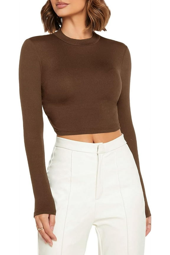 Women's Basic Long Sleeve Round Neck Crop Top T Shirts
