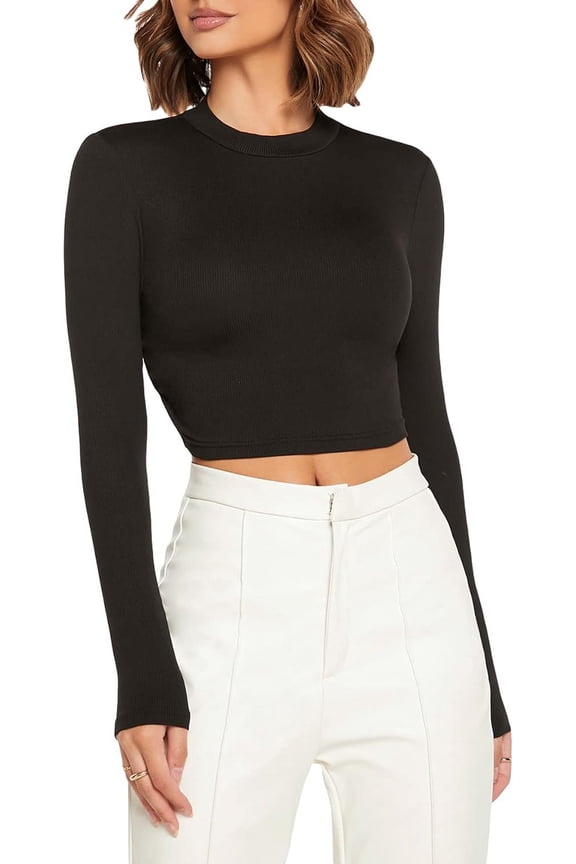 Women's Basic Long Sleeve Round Neck Crop Top T Shirts