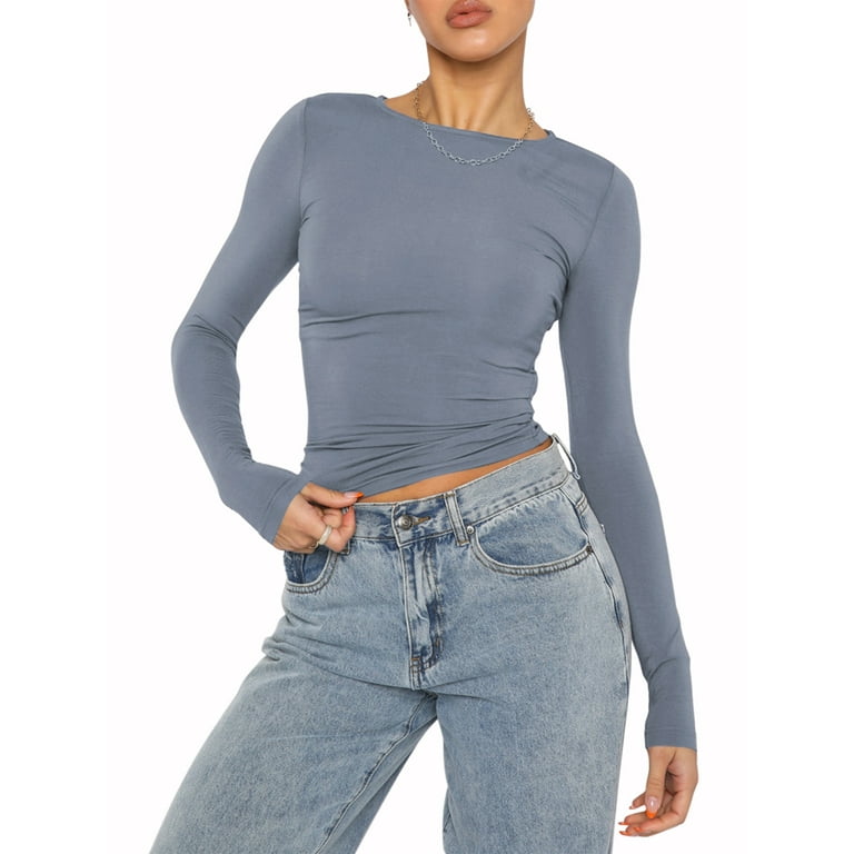 Women s Basic Long Sleeve T Shirt Solid Color Round Neck Cropped Navel Top