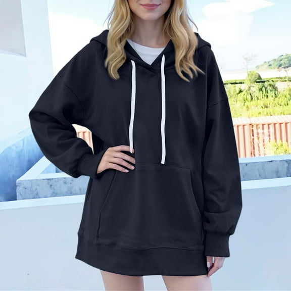 Women's Basic Mid-Length Hoodie - Soft Lightweight Long Sleeve Pullover in Multiple Solid Colors Black