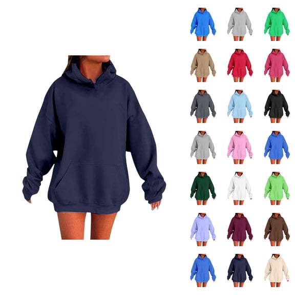 Women's Basic Plain Hoodie Fall Winter Long Sleeve Drop Shoulder Casual Hooded Sweatshirt with Pockets Pullover Tops