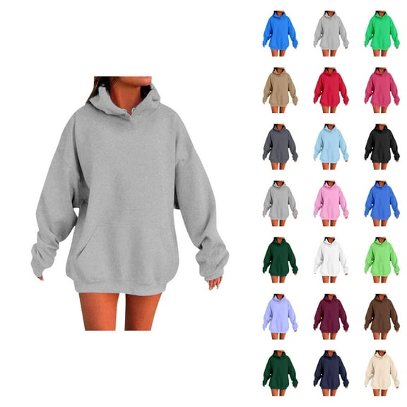 Women's Basic Plain Hoodie Fall Winter Long Sleeve Drop Shoulder Casual Hooded Sweatshirt with Pockets Pullover Tops