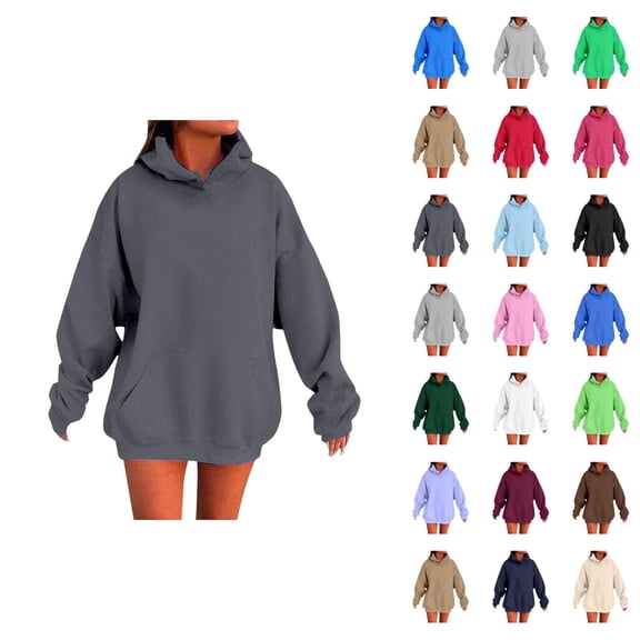 Women's Basic Plain Hoodie Fall Winter Long Sleeve Drop Shoulder Casual Hooded Sweatshirt with Pockets Pullover Tops