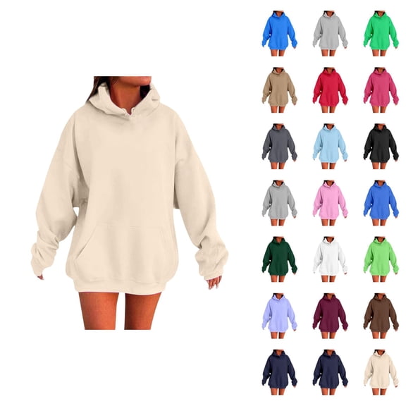 Women's Basic Plain Hoodie Fall Winter Long Sleeve Drop Shoulder Casual Hooded Sweatshirt with Pockets Pullover Tops
