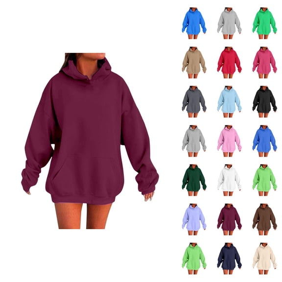 Women's Basic Plain Hoodie Fall Winter Long Sleeve Drop Shoulder Casual Hooded Sweatshirt with Pockets Pullover Tops