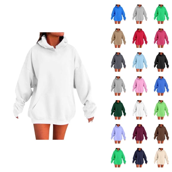 Women's Basic Plain Hoodie Fall Winter Long Sleeve Drop Shoulder Casual Hooded Sweatshirt with Pockets Pullover Tops