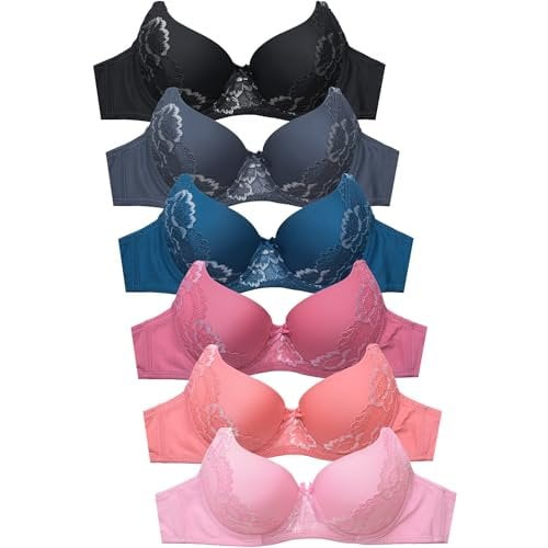 Women's Basic Plain Lace Bras Petite to Plus Size Pack of 6- Various Styles 4433PL, 40C