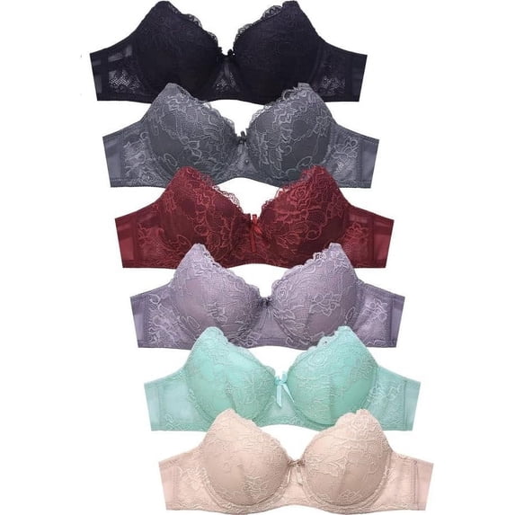 Women's Basic Plain Lace Bras Petite to Plus Size Pack of 6- Various Styles 4474L, 38B