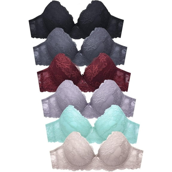Women's Basic Plain Lace Bras Petite to Plus Size Pack of 6- Various Styles 4474l, 42DD