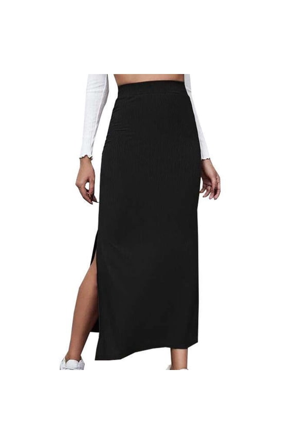 Women's Basic Plain Stretchy Ribbed Split Full Length Skirt Elastic High Waist Slim Fit Maxi Skirts