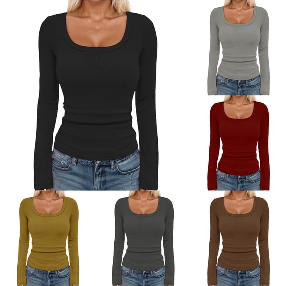 Women's Basic Ribbed Knit Square Neck Long Sleeve T Shirt Fall Fashion Casual Stretch Fit Comfortable Top for Girls and T Shirts Womens Women Compression Shirts Long Sleeve under Scrub Women Long