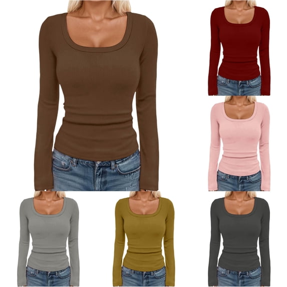 Women's Basic Ribbed Knit Square Neck Long Sleeve T Shirt Fall Fashion Casual Stretch Fit Comfortable Top for Girls and T Shirts Womens Women Compression Shirts Long Sleeve under Scrub Women Long