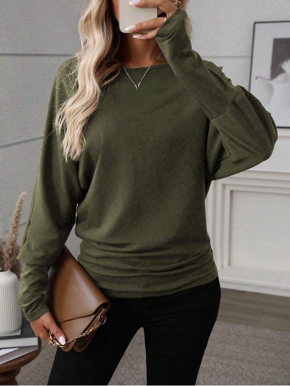 Women's Basic Round Neck Long Sleeve Blouse Loose Fit Minimalist Top