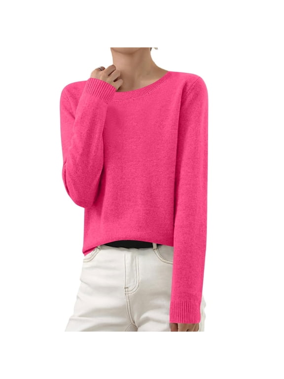 Women's Basic Round Neck Long Sleeve Knit Pullover Sweater for Fall and Winter - Hot Pink - XL