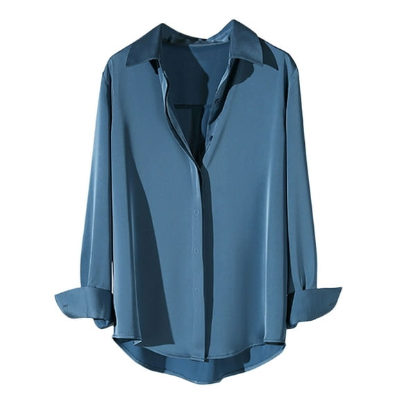 Women's Basic Satin Blouse Long Sleeve Lapel Button Down Shirts Solid Color Simple Blouse Tops