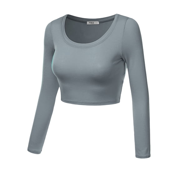 Women's Basic Scoop Neck Crop Long Sleeve Tops DENIMBLUE M