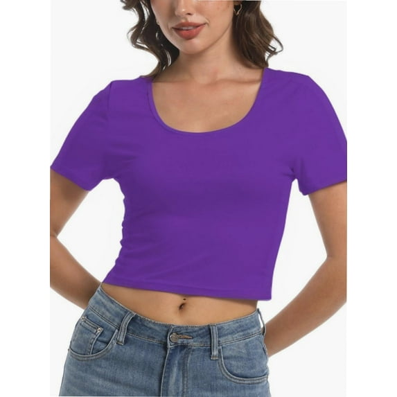 Women's Basic Scoop Neck Crop Tops Short Sleeve Tops