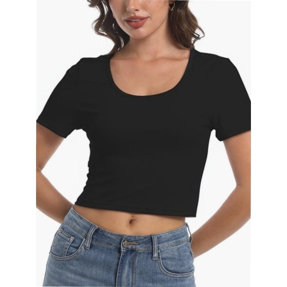 Women's Basic Scoop Neck Crop Tops Short Sleeve Tops