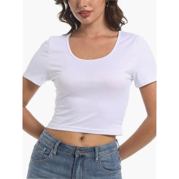 Women's Basic Scoop Neck Crop Tops Short Sleeve Tops