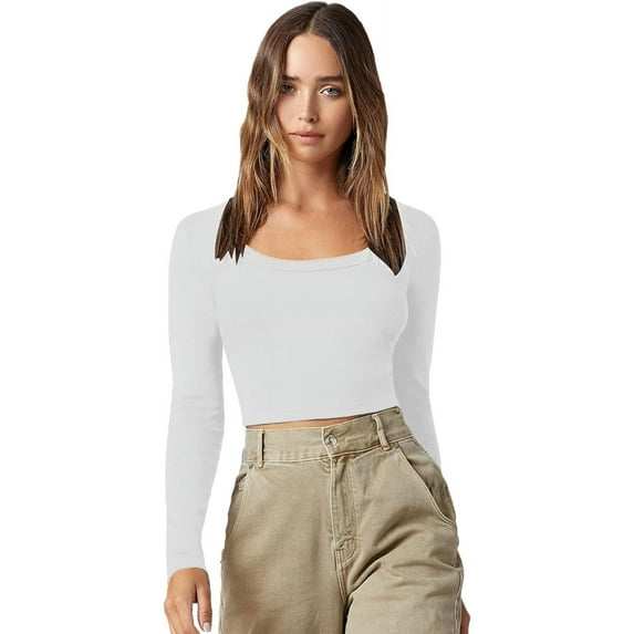 Women's Basic Scoop Neck Long Sleeve Fitted Crop Top Tee Shirt