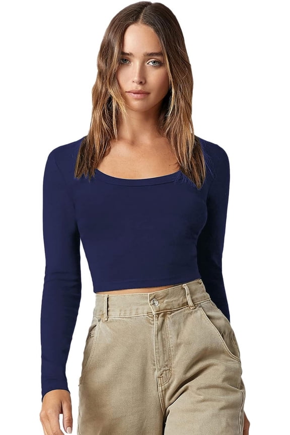 Women's Basic Scoop Neck Long Sleeve Fitted Crop Top Tee Shirt