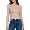thumbnail image 1 of Women's Basic Shirts Long Sleeve Crew Neck Casual Comfy Solid Color Blouse Slim Fit Tops Soft Base Layer Clothes (S, Khaki), 1 of 5