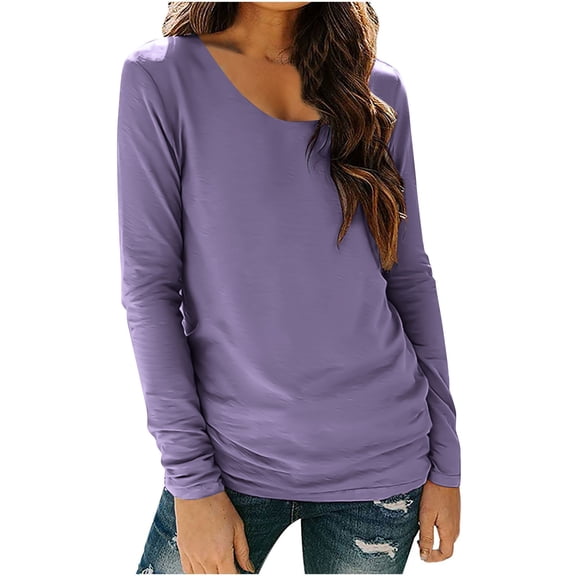 Women's Basic Shirts Long Sleeve Round Neck Casual Tunic Tops Soft Solid Color Loose Tee Sports Blouses Purple XXL