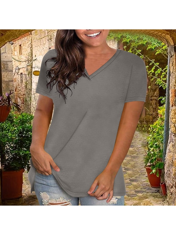Women's Basic Short Sleeve Cotton T Shirts Solid Color Comfy V Neck Loose Tunic Tee Shirts Tops Gray S