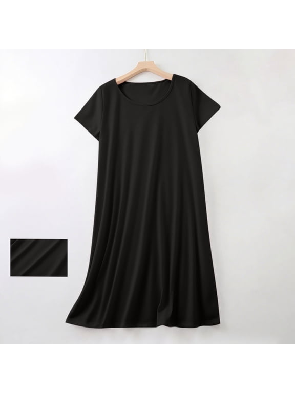 Women's Basic Short Sleeve Nightshirt Soft Cotton Short Sleep Dress Round Neck Loose Fitting Nightgown Home Loungewear Black S
