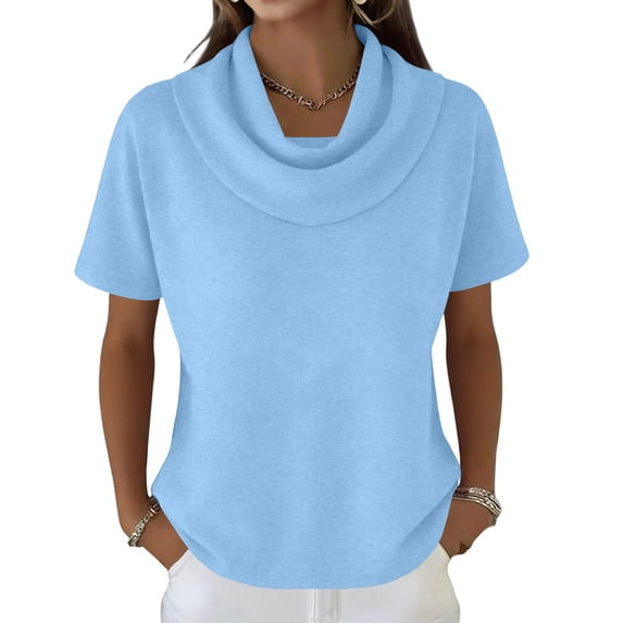 Women's Basic Short Sleeve Sweater, Round Neck Solid Color Casual Pullover, Versatile Layering Piece for Cool Weather or Everyday Wear,Sky Blue - L