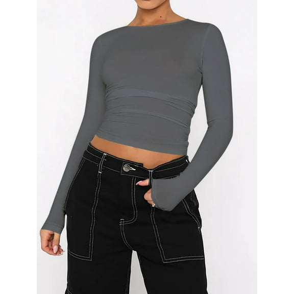 Women's Basic Skinny Crop Top Tee Shirt Long Sleeve Workout Round Neck Cropped Tshirt