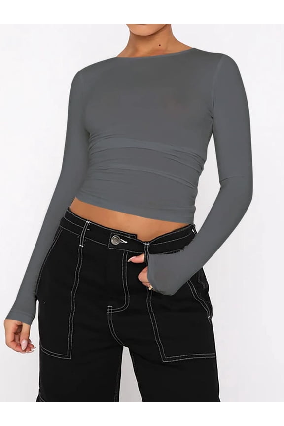 Women's Basic Skinny Crop Top Tee Shirt Long Sleeve Workout Round Neck Cropped Tshirt