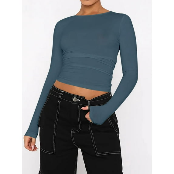 Women's Basic Skinny Crop Top Tee Shirt Long Sleeve Workout Round Neck Cropped Tshirt