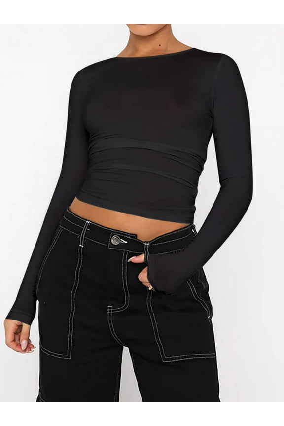 Women's Basic Skinny Crop Top Tee Shirt Long Sleeve Workout Round Neck Cropped Tshirt