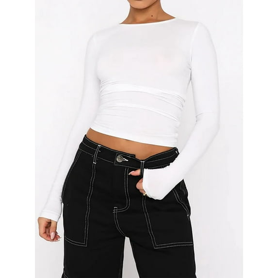 Women's Basic Skinny Crop Top Tee Shirt Long Sleeve Workout Round Neck Cropped Tshirt