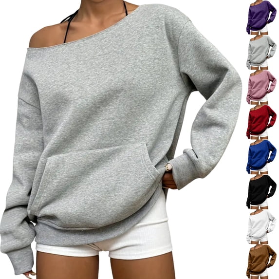 Women's Basic Solid Color Off Shoulder Sweatshirt Loose Long Sleeve Y2K Asymmetrical Outfit Tops with Pocket Red XL