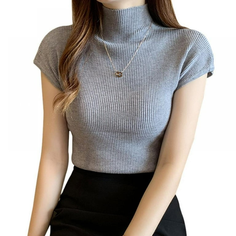 Short Sleeve Gray Turtleneck Women's Threaded Short Sleeves
