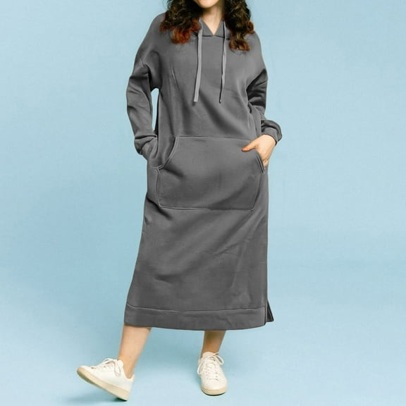 Women's Basic Solid Long Sleeve Sweatshirt Hoodie Maxi Dress With Pockets,Grey XXXXXL