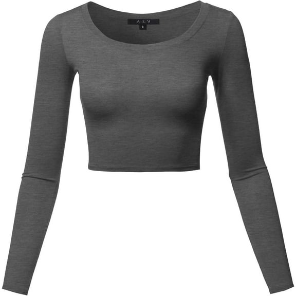 Women's Basic Solid Stretchable Scoop Neck Long Sleeve Crop Top