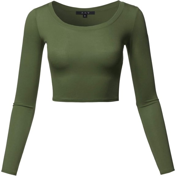 Women's Basic Solid Stretchable Scoop Neck Long Sleeve Crop Top