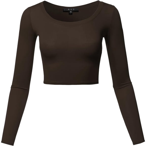 Women's Basic Solid Stretchable Scoop Neck Long Sleeve Crop Top