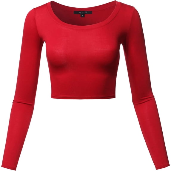 Women's Basic Solid Stretchable Scoop Neck Long Sleeve Crop Top