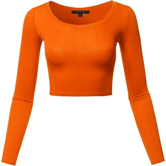 Women's Basic Solid Stretchable Scoop Neck Long Sleeve Crop Top