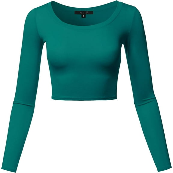 Women's Basic Solid Stretchable Scoop Neck Long Sleeve Crop Top